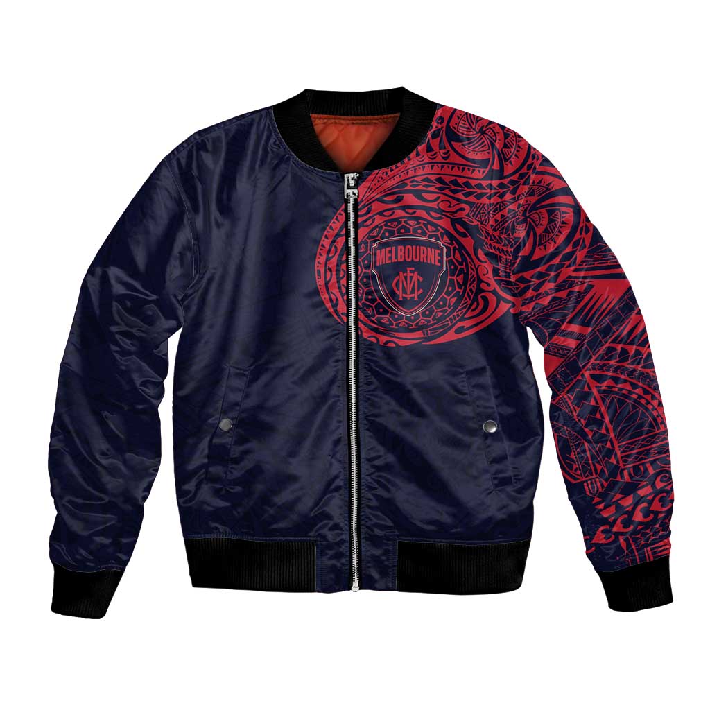 Personalized Melbourne Demons Polynesian Bomber Jacket Tribal Chest and Sleeve Tattoo Heritage Warrior
