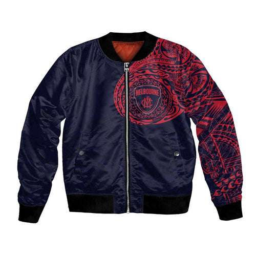 Personalized Melbourne Demons Polynesian Bomber Jacket Tribal Chest and Sleeve Tattoo Heritage Warrior