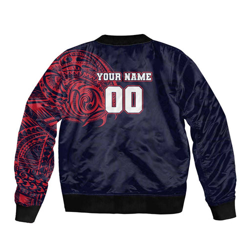Personalized Melbourne Demons Polynesian Bomber Jacket Tribal Chest and Sleeve Tattoo Heritage Warrior