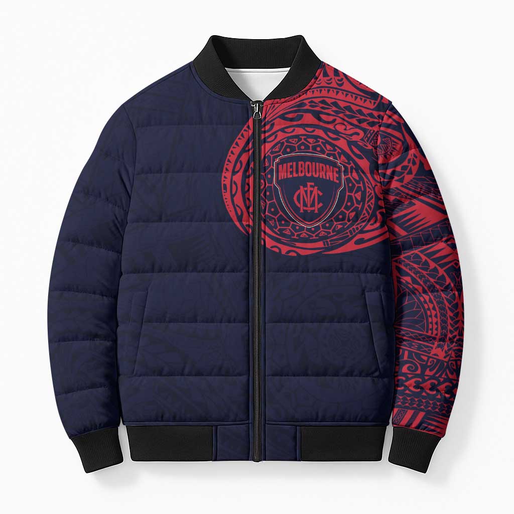 Personalized Melbourne Demons Polynesian Bomber Puffer Jacket Tribal Chest and Sleeve Tattoo Heritage Warrior