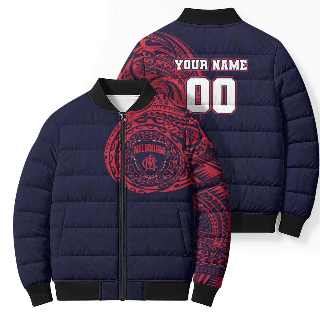 Personalized Melbourne Demons Polynesian Bomber Puffer Jacket Tribal Chest and Sleeve Tattoo Heritage Warrior