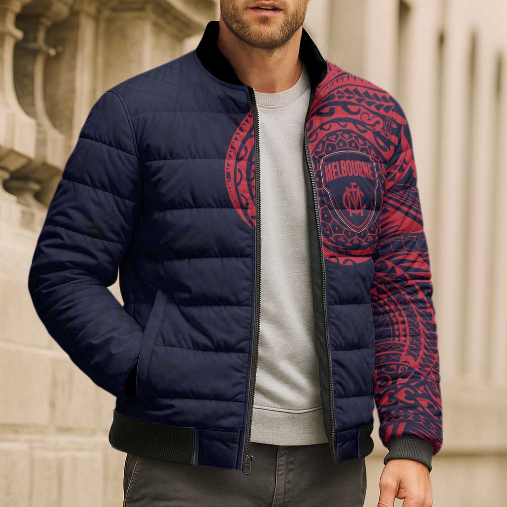 Personalized Melbourne Demons Polynesian Bomber Puffer Jacket Tribal Chest and Sleeve Tattoo Heritage Warrior
