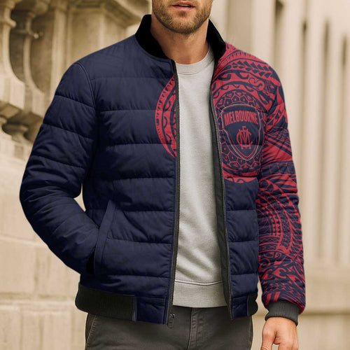 Personalized Melbourne Demons Polynesian Bomber Puffer Jacket Tribal Chest and Sleeve Tattoo Heritage Warrior
