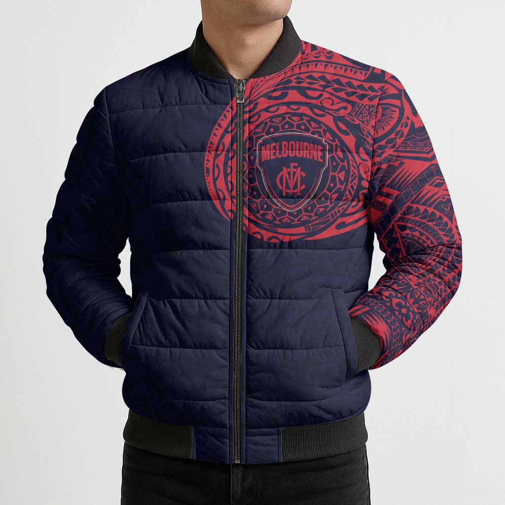 Personalized Melbourne Demons Polynesian Bomber Puffer Jacket Tribal Chest and Sleeve Tattoo Heritage Warrior