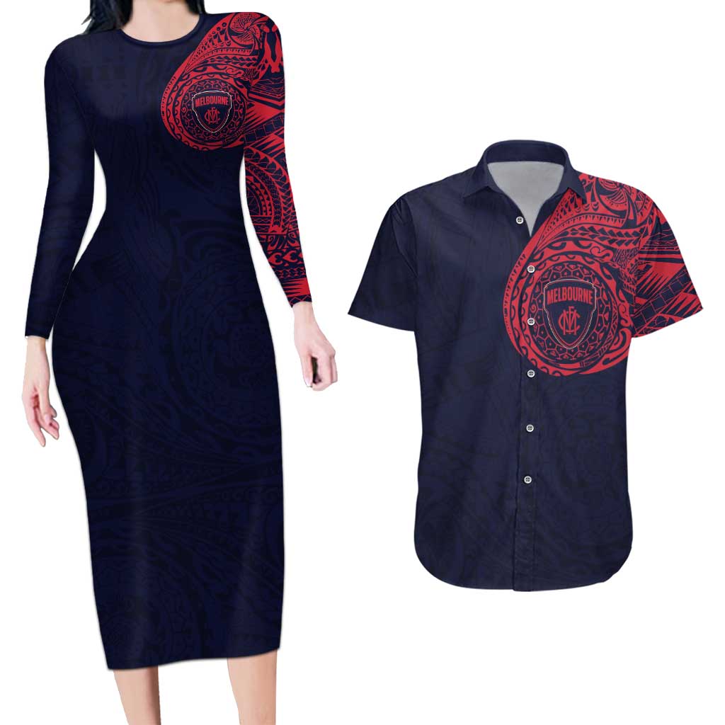 Personalized Melbourne Demons Polynesian Couples Matching Long Sleeve Bodycon Dress and Hawaiian Shirt Tribal Chest and Sleeve Tattoo Heritage Warrior