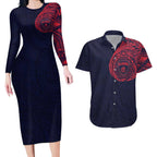 Personalized Melbourne Demons Polynesian Couples Matching Long Sleeve Bodycon Dress and Hawaiian Shirt Tribal Chest and Sleeve Tattoo Heritage Warrior