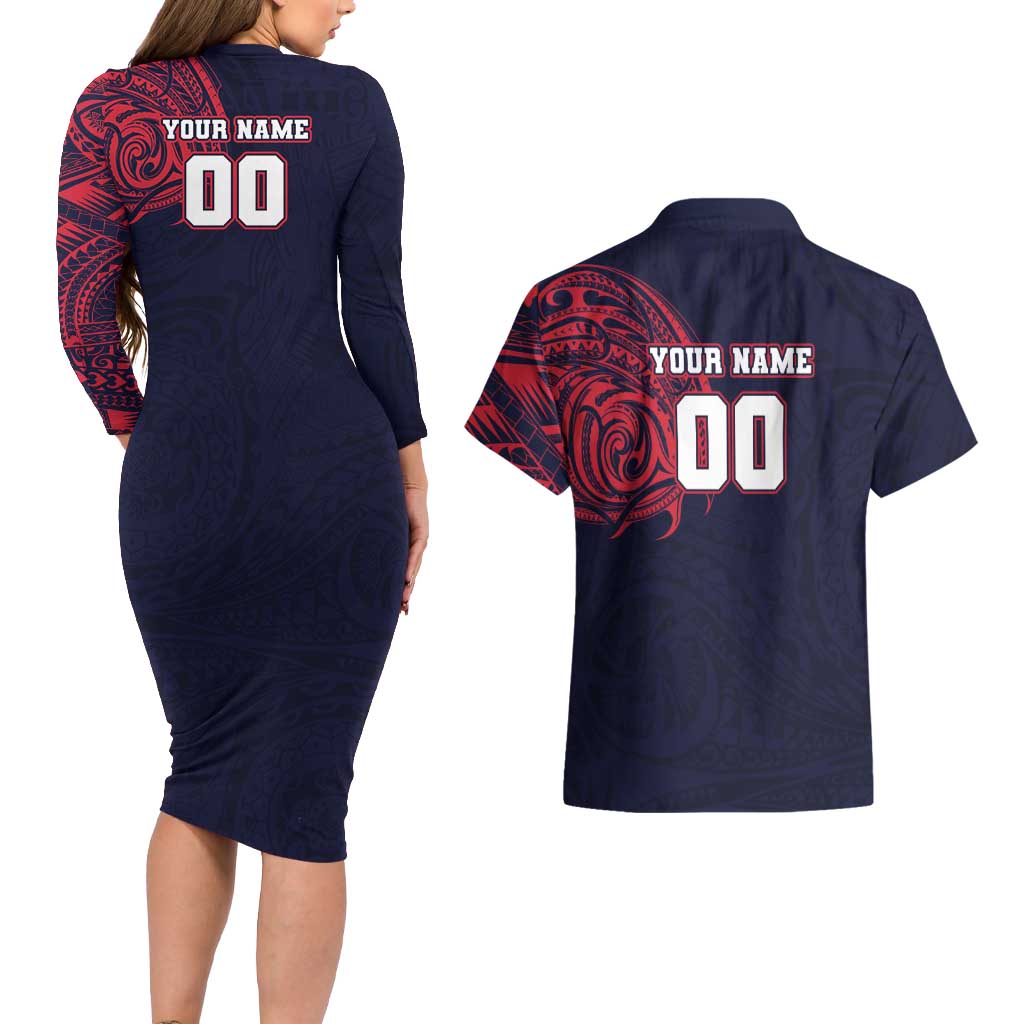 Personalized Melbourne Demons Polynesian Couples Matching Long Sleeve Bodycon Dress and Hawaiian Shirt Tribal Chest and Sleeve Tattoo Heritage Warrior