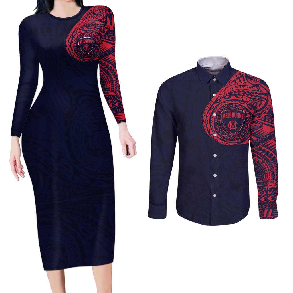 Personalized Melbourne Demons Polynesian Couples Matching Long Sleeve Bodycon Dress and Long Sleeve Button Shirt Tribal Chest and Sleeve Tattoo Heritage Warrior