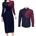 Personalized Melbourne Demons Polynesian Couples Matching Long Sleeve Bodycon Dress and Long Sleeve Button Shirt Tribal Chest and Sleeve Tattoo Heritage Warrior