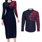 Personalized Melbourne Demons Polynesian Couples Matching Long Sleeve Bodycon Dress and Long Sleeve Button Shirt Tribal Chest and Sleeve Tattoo Heritage Warrior