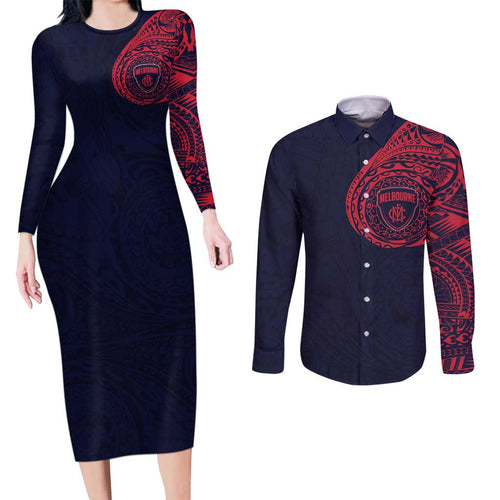Personalized Melbourne Demons Polynesian Couples Matching Long Sleeve Bodycon Dress and Long Sleeve Button Shirt Tribal Chest and Sleeve Tattoo Heritage Warrior