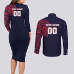 Personalized Melbourne Demons Polynesian Couples Matching Long Sleeve Bodycon Dress and Long Sleeve Button Shirt Tribal Chest and Sleeve Tattoo Heritage Warrior