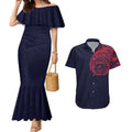 Personalized Melbourne Demons Polynesian Couples Matching Mermaid Dress and Hawaiian Shirt Tribal Chest and Sleeve Tattoo Heritage Warrior