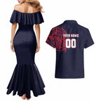 Personalized Melbourne Demons Polynesian Couples Matching Mermaid Dress and Hawaiian Shirt Tribal Chest and Sleeve Tattoo Heritage Warrior