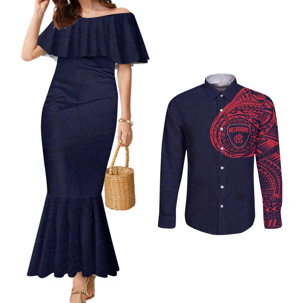 Personalized Melbourne Demons Polynesian Couples Matching Mermaid Dress and Long Sleeve Button Shirt Tribal Chest and Sleeve Tattoo Heritage Warrior