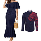 Personalized Melbourne Demons Polynesian Couples Matching Mermaid Dress and Long Sleeve Button Shirt Tribal Chest and Sleeve Tattoo Heritage Warrior