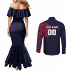 Personalized Melbourne Demons Polynesian Couples Matching Mermaid Dress and Long Sleeve Button Shirt Tribal Chest and Sleeve Tattoo Heritage Warrior