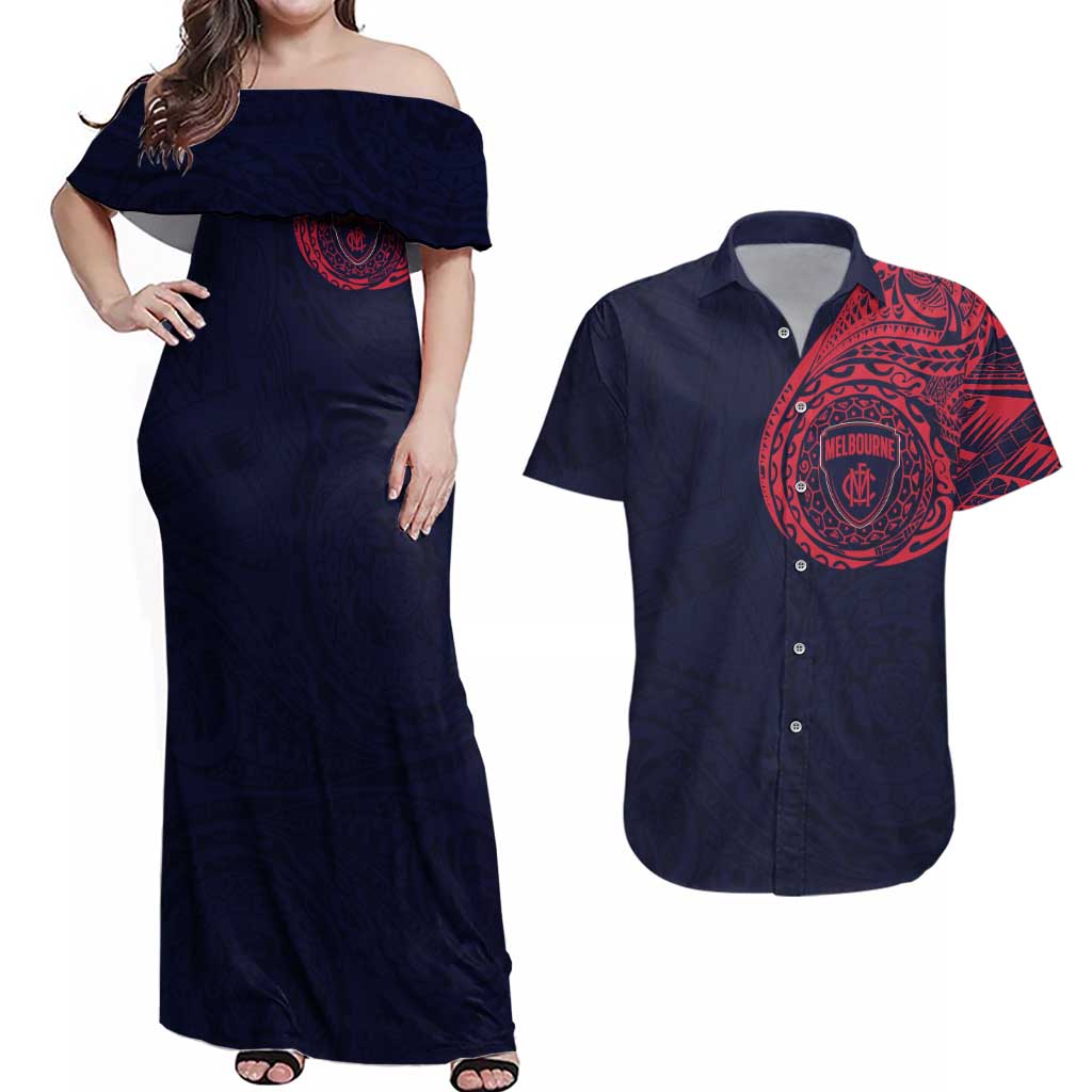 Personalized Melbourne Demons Polynesian Couples Matching Off Shoulder Maxi Dress and Hawaiian Shirt Tribal Chest and Sleeve Tattoo Heritage Warrior