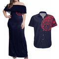 Personalized Melbourne Demons Polynesian Couples Matching Off Shoulder Maxi Dress and Hawaiian Shirt Tribal Chest and Sleeve Tattoo Heritage Warrior