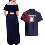 Personalized Melbourne Demons Polynesian Couples Matching Off Shoulder Maxi Dress and Hawaiian Shirt Tribal Chest and Sleeve Tattoo Heritage Warrior