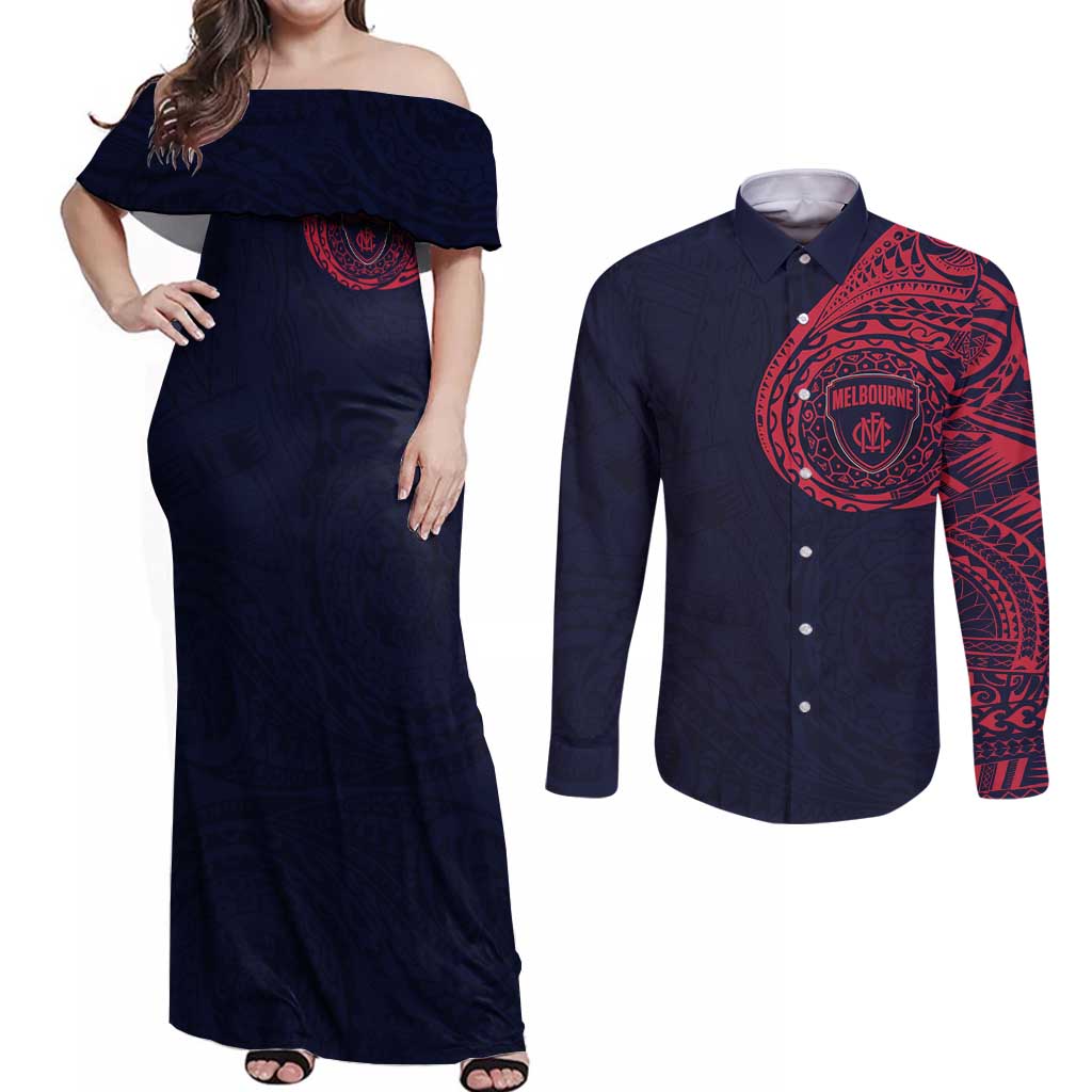 Personalized Melbourne Demons Polynesian Couples Matching Off Shoulder Maxi Dress and Long Sleeve Button Shirt Tribal Chest and Sleeve Tattoo Heritage Warrior