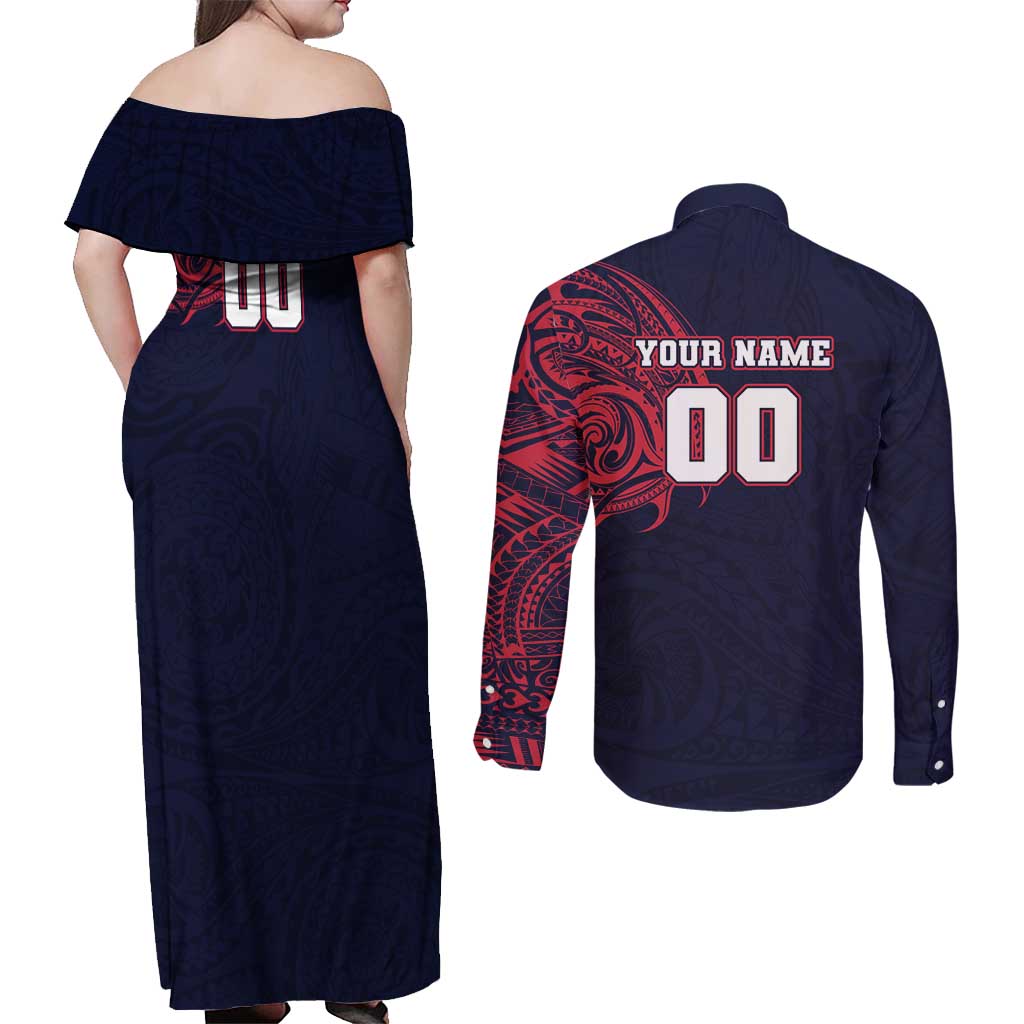 Personalized Melbourne Demons Polynesian Couples Matching Off Shoulder Maxi Dress and Long Sleeve Button Shirt Tribal Chest and Sleeve Tattoo Heritage Warrior