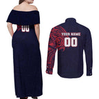 Personalized Melbourne Demons Polynesian Couples Matching Off Shoulder Maxi Dress and Long Sleeve Button Shirt Tribal Chest and Sleeve Tattoo Heritage Warrior