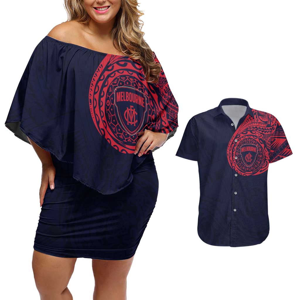 Personalized Melbourne Demons Polynesian Couples Matching Off Shoulder Short Dress and Hawaiian Shirt Tribal Chest and Sleeve Tattoo Heritage Warrior