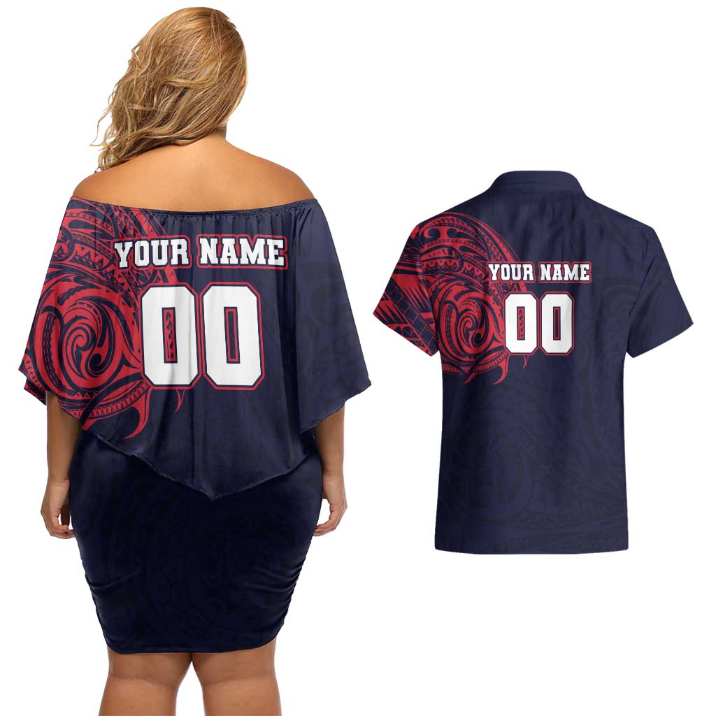 Personalized Melbourne Demons Polynesian Couples Matching Off Shoulder Short Dress and Hawaiian Shirt Tribal Chest and Sleeve Tattoo Heritage Warrior