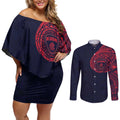 Personalized Melbourne Demons Polynesian Couples Matching Off Shoulder Short Dress and Long Sleeve Button Shirt Tribal Chest and Sleeve Tattoo Heritage Warrior