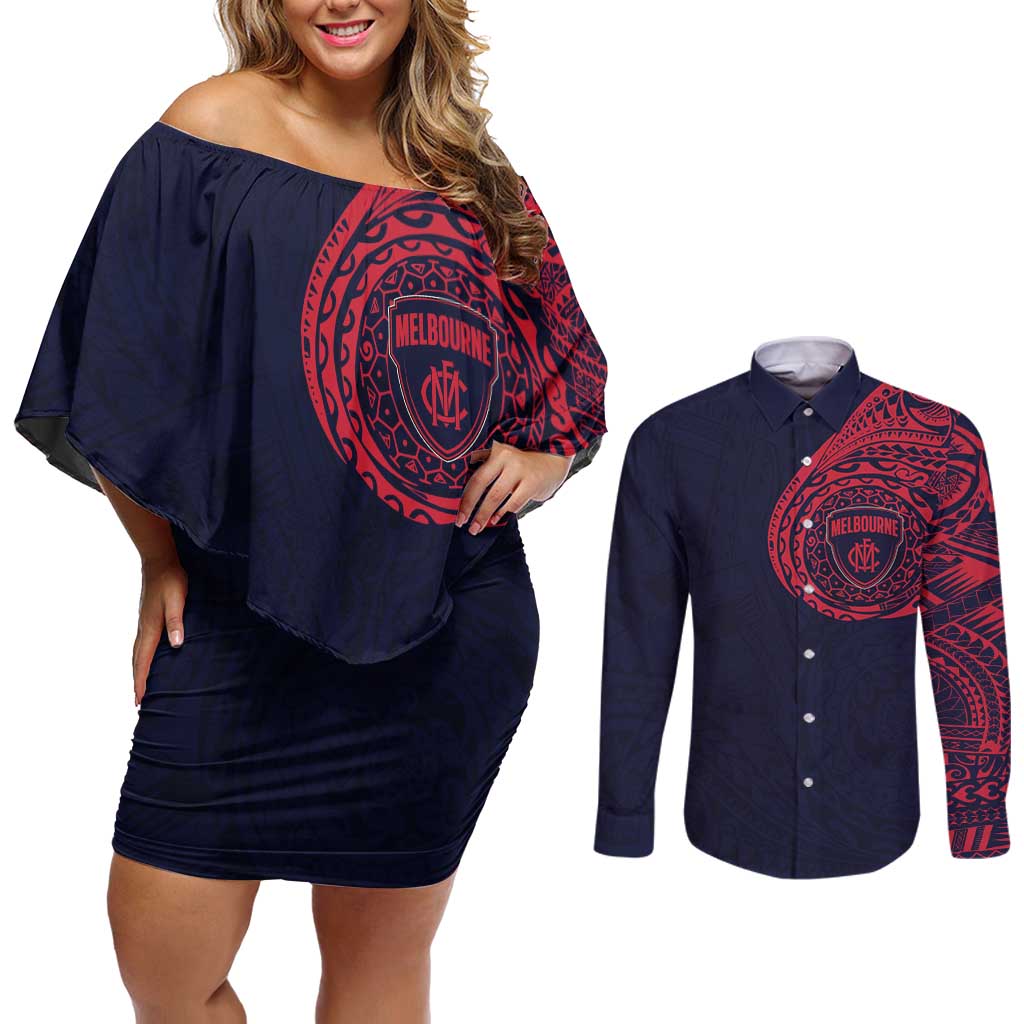 Personalized Melbourne Demons Polynesian Couples Matching Off Shoulder Short Dress and Long Sleeve Button Shirt Tribal Chest and Sleeve Tattoo Heritage Warrior