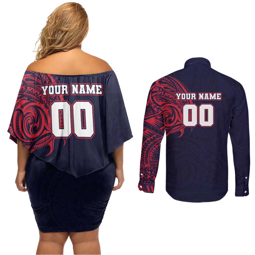 Personalized Melbourne Demons Polynesian Couples Matching Off Shoulder Short Dress and Long Sleeve Button Shirt Tribal Chest and Sleeve Tattoo Heritage Warrior