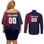 Personalized Melbourne Demons Polynesian Couples Matching Off Shoulder Short Dress and Long Sleeve Button Shirt Tribal Chest and Sleeve Tattoo Heritage Warrior