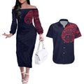 Personalized Melbourne Demons Polynesian Couples Matching Off The Shoulder Long Sleeve Dress and Hawaiian Shirt Tribal Chest and Sleeve Tattoo Heritage Warrior