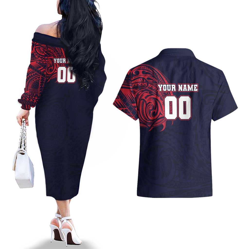 Personalized Melbourne Demons Polynesian Couples Matching Off The Shoulder Long Sleeve Dress and Hawaiian Shirt Tribal Chest and Sleeve Tattoo Heritage Warrior