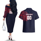 Personalized Melbourne Demons Polynesian Couples Matching Off The Shoulder Long Sleeve Dress and Hawaiian Shirt Tribal Chest and Sleeve Tattoo Heritage Warrior