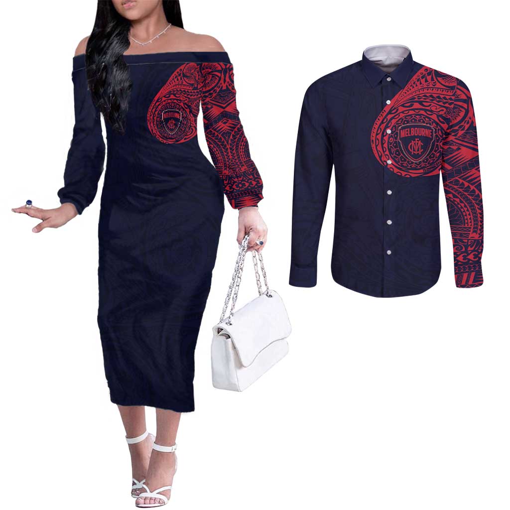 Personalized Melbourne Demons Polynesian Couples Matching Off The Shoulder Long Sleeve Dress and Long Sleeve Button Shirt Tribal Chest and Sleeve Tattoo Heritage Warrior