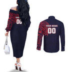 Personalized Melbourne Demons Polynesian Couples Matching Off The Shoulder Long Sleeve Dress and Long Sleeve Button Shirt Tribal Chest and Sleeve Tattoo Heritage Warrior