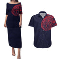 Personalized Melbourne Demons Polynesian Couples Matching Puletasi and Hawaiian Shirt Tribal Chest and Sleeve Tattoo Heritage Warrior