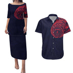 Personalized Melbourne Demons Polynesian Couples Matching Puletasi and Hawaiian Shirt Tribal Chest and Sleeve Tattoo Heritage Warrior