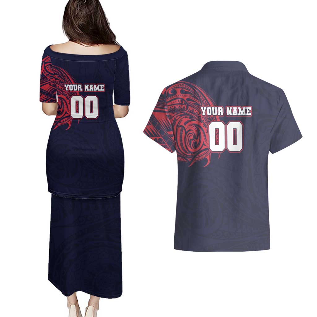 Personalized Melbourne Demons Polynesian Couples Matching Puletasi and Hawaiian Shirt Tribal Chest and Sleeve Tattoo Heritage Warrior