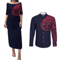 Personalized Melbourne Demons Polynesian Couples Matching Puletasi and Long Sleeve Button Shirt Tribal Chest and Sleeve Tattoo Heritage Warrior