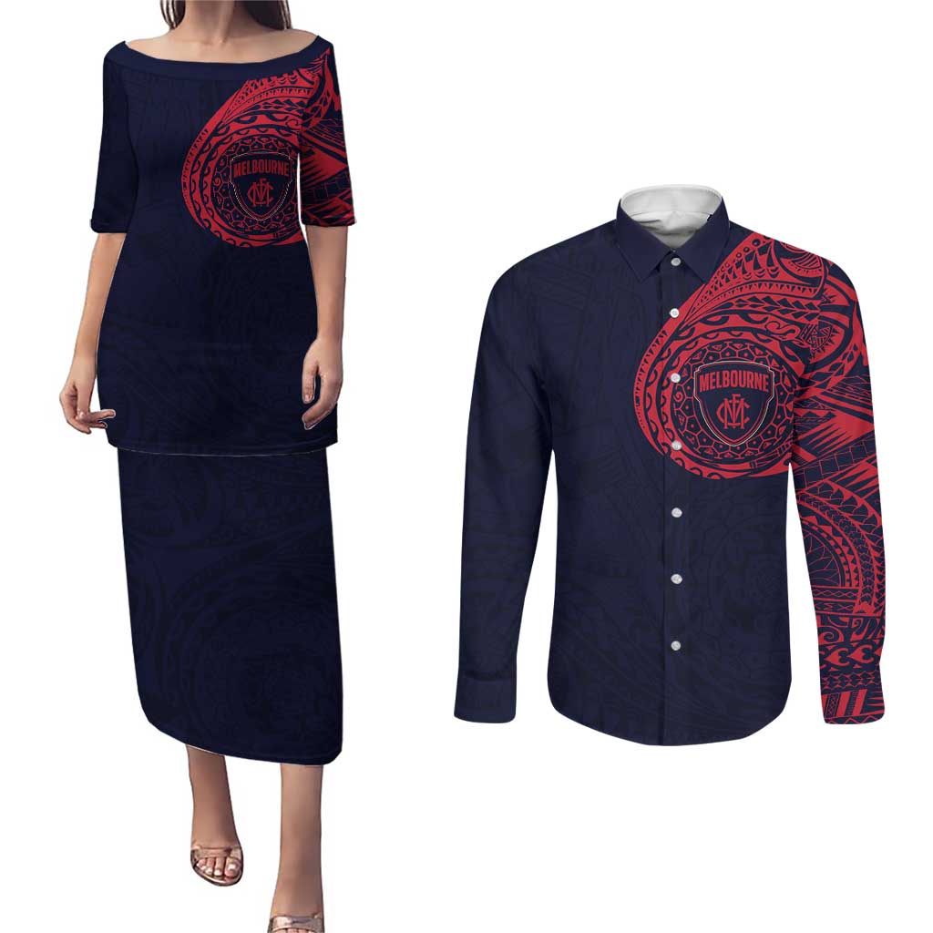 Personalized Melbourne Demons Polynesian Couples Matching Puletasi and Long Sleeve Button Shirt Tribal Chest and Sleeve Tattoo Heritage Warrior