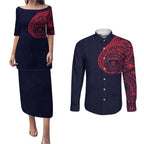 Personalized Melbourne Demons Polynesian Couples Matching Puletasi and Long Sleeve Button Shirt Tribal Chest and Sleeve Tattoo Heritage Warrior