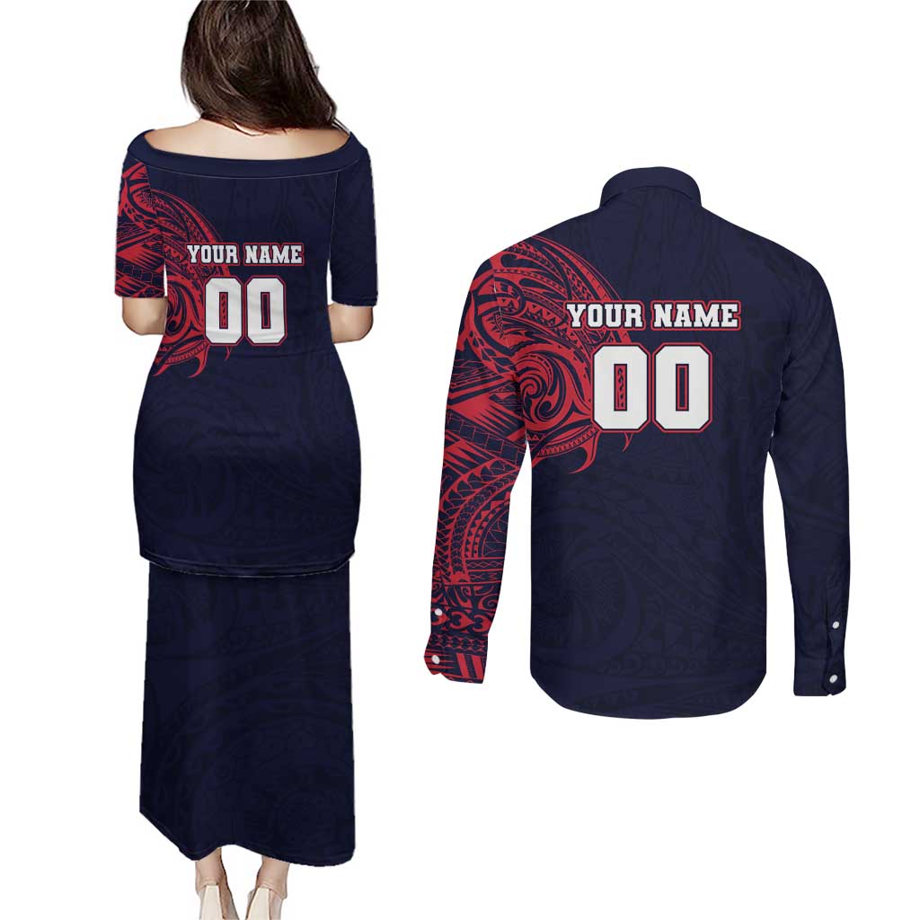 Personalized Melbourne Demons Polynesian Couples Matching Puletasi and Long Sleeve Button Shirt Tribal Chest and Sleeve Tattoo Heritage Warrior