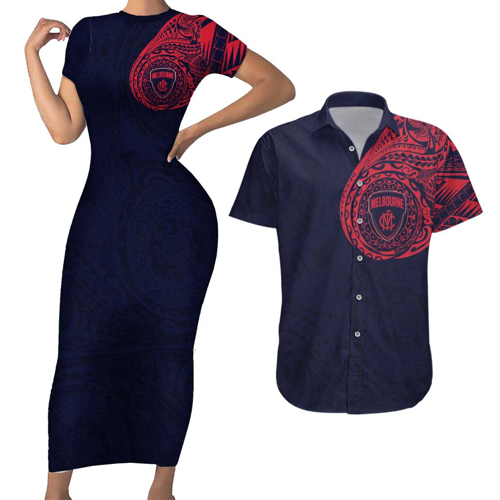 Personalized Melbourne Demons Polynesian Couples Matching Short Sleeve Bodycon Dress and Hawaiian Shirt Tribal Chest and Sleeve Tattoo Heritage Warrior