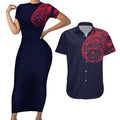 Personalized Melbourne Demons Polynesian Couples Matching Short Sleeve Bodycon Dress and Hawaiian Shirt Tribal Chest and Sleeve Tattoo Heritage Warrior