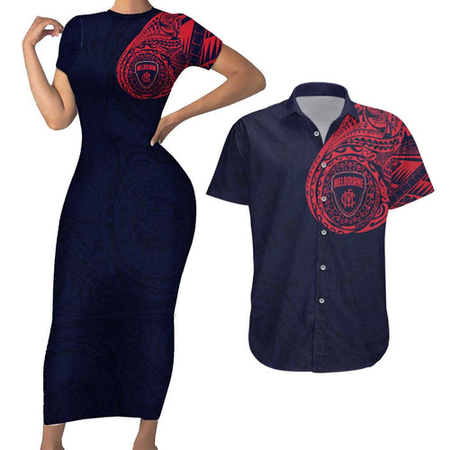 Personalized Melbourne Demons Polynesian Couples Matching Short Sleeve Bodycon Dress and Hawaiian Shirt Tribal Chest and Sleeve Tattoo Heritage Warrior