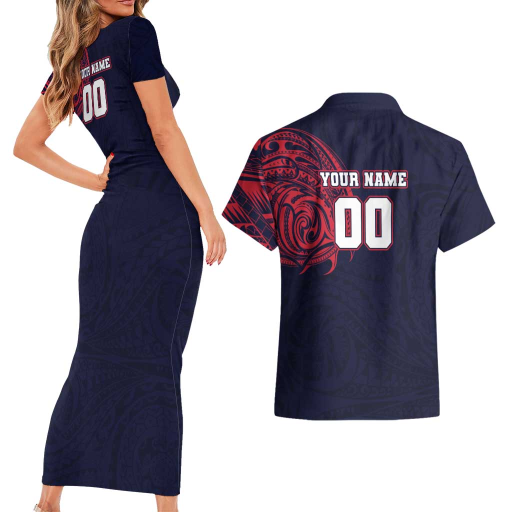 Personalized Melbourne Demons Polynesian Couples Matching Short Sleeve Bodycon Dress and Hawaiian Shirt Tribal Chest and Sleeve Tattoo Heritage Warrior