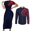 Personalized Melbourne Demons Polynesian Couples Matching Short Sleeve Bodycon Dress and Long Sleeve Button Shirt Tribal Chest and Sleeve Tattoo Heritage Warrior